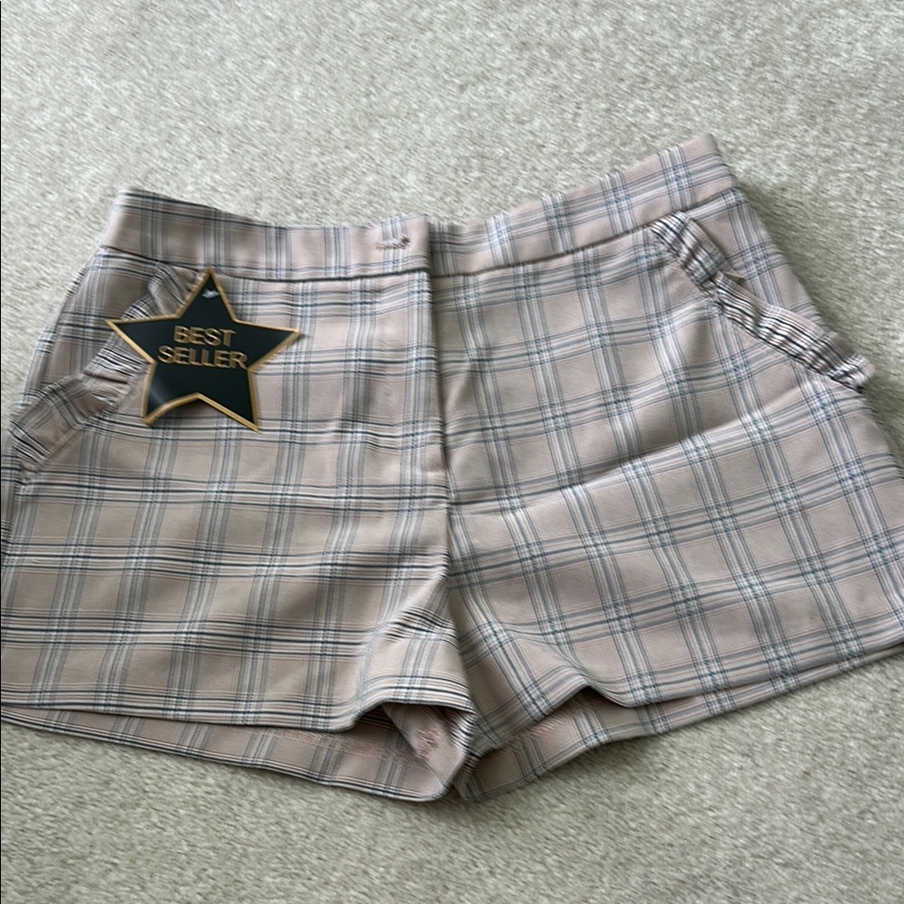 High Waist Tan and Gray Shorts with Subtle Plaid